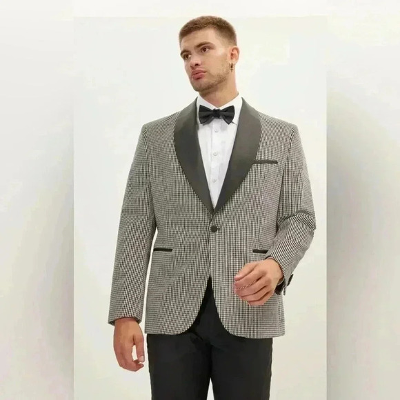 Ron Tomson Other - NWT Ron Tomson N° R180S Italian Velvet Satin Shawl Lapel Tuxedo- Houndstooth 46R